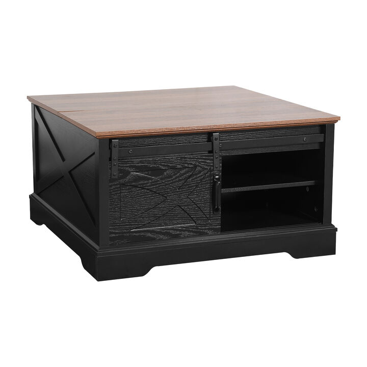 Modern 31.5" Black Dark Brown Wooden Farmhouse Square Coffee Table with Top Flip Cover and Sliding Barn Door Storage