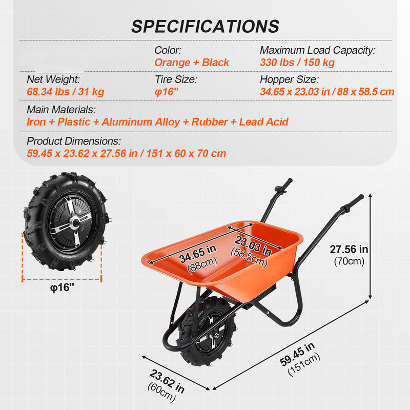 Electric Wheelbarrow Cart One Wheel 5 Cu Ft Powered Dump Cart 330 lbs