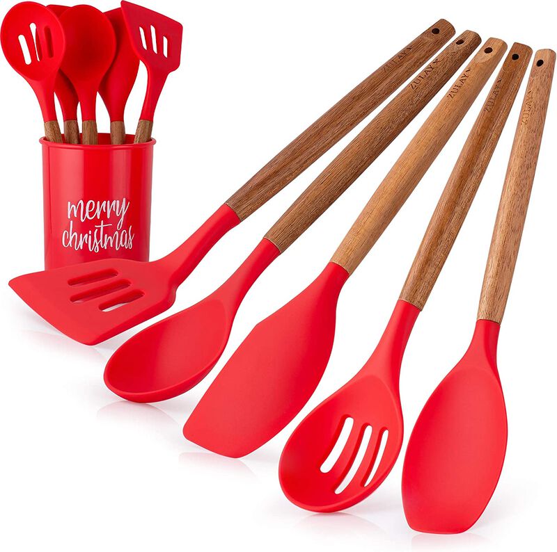 Non-Stick Silicone Utensils Set (5-Piece) with Authentic Acacia Wood Handles & Utensil Holder image number 1