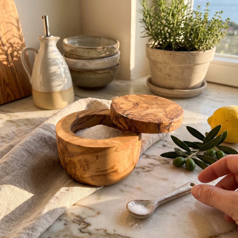 Olive Wood Salt Cellar with Swivel Lid &ndash;Round Spice Keeper & Seasoning Canister image number 6