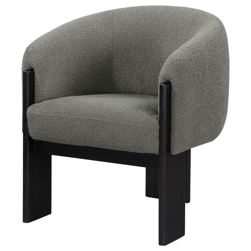 Vala Accent Chair, Modern Plush Gray Boucle Barrel Back, Black Wood - Benzara