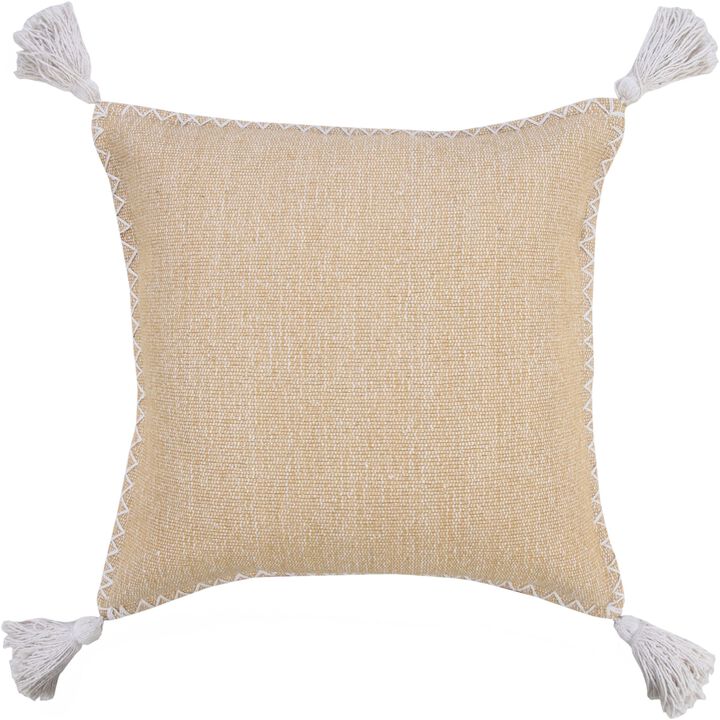 20" Tan and White Stonewash Embroidered Edge Square Throw Pillow with Tassels