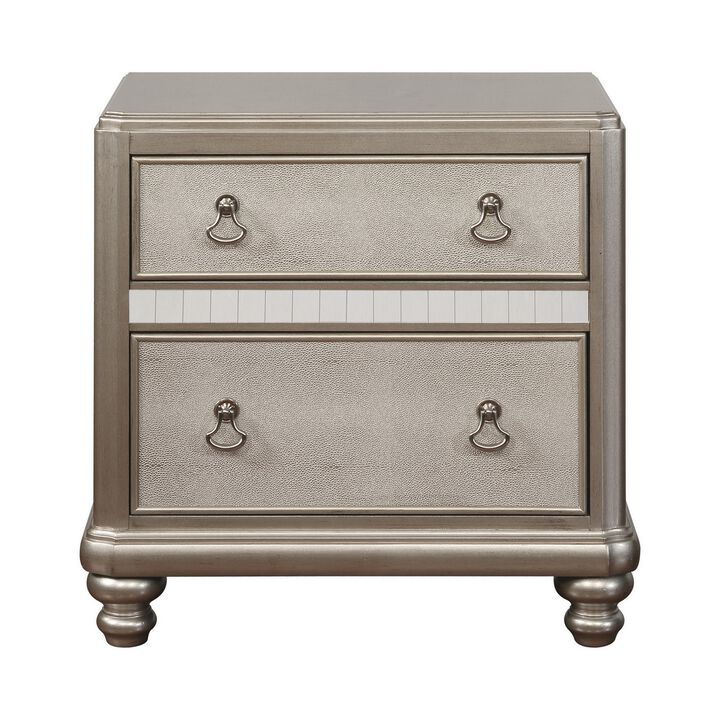 Mirror Trim Accented Nightstand with Two Drawers and Turned Legs, Silver-Benzara