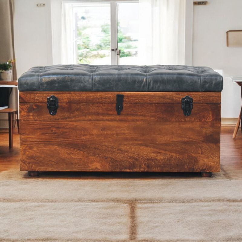 Artisan Furniture Solid Wood Black Buffalo hide leather Storage Trunk