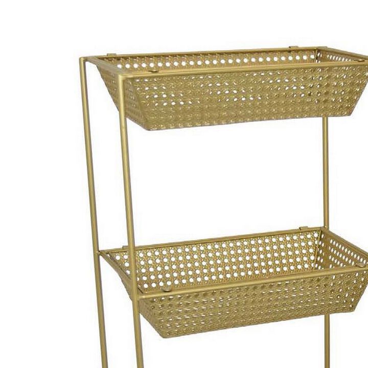 Set of 2 Standing Storage Units, 3 Shelves, Mesh Design, Gold Metal - Benzara