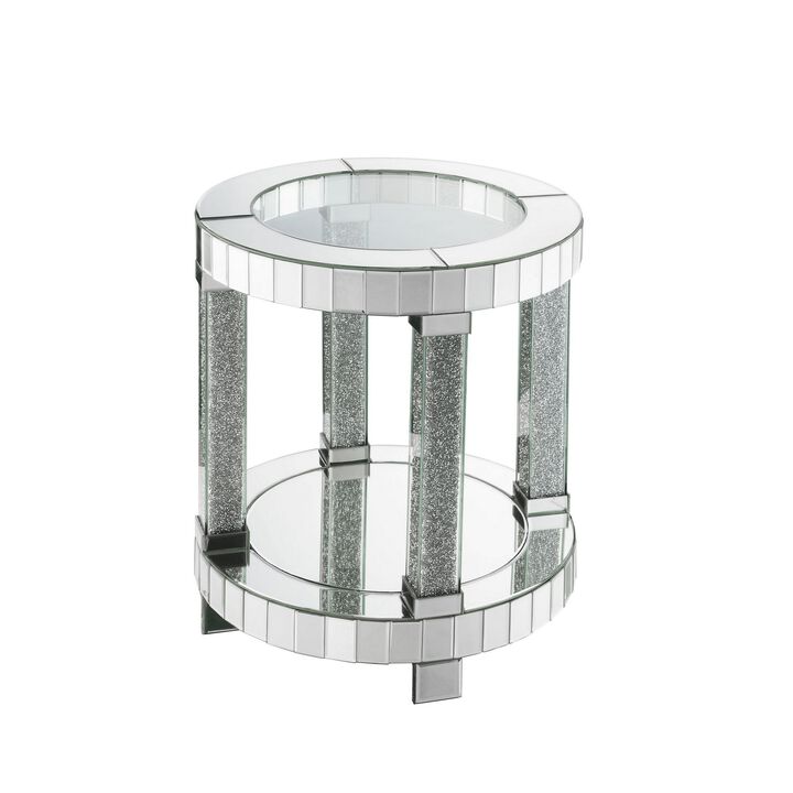 Round Mirrored Frame End Table with Faux Diamond and Bottom Shelf, Silver-Benzara