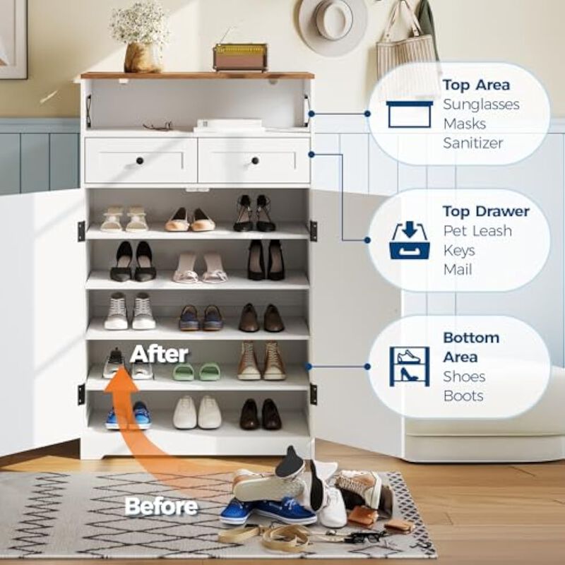 Slim Entryway Shoe Storage Cabinet Adjustable Shelves White image number 3