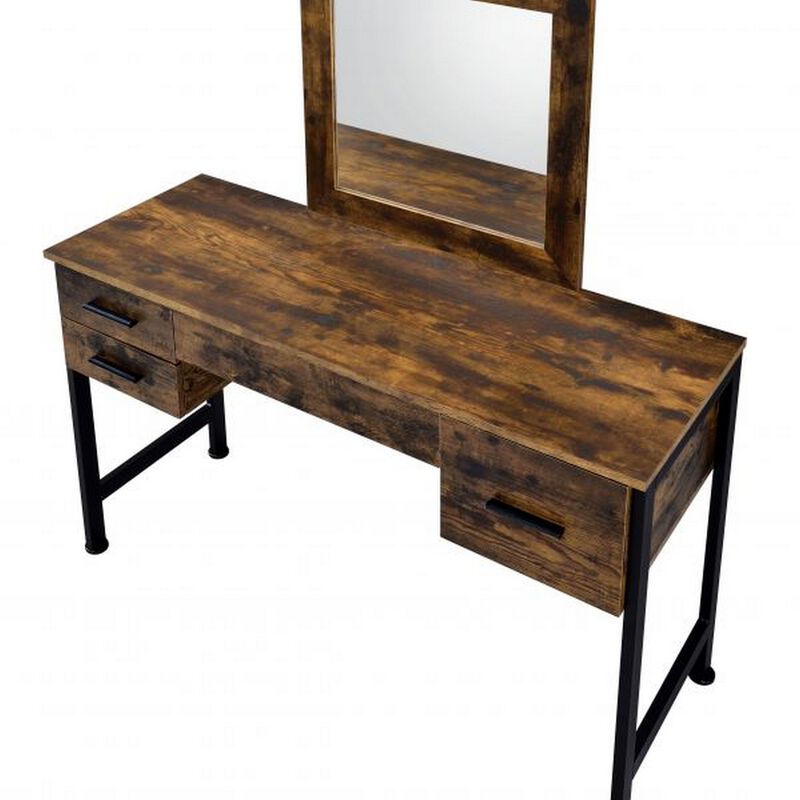 Vanity Desk with 4 Drawers and Square Mirror, Brown and Black-Benzara