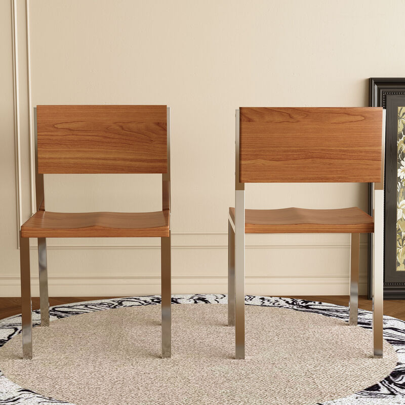 Wooden Dinning Chair with Stainless Steel Frame for Dinning Room 2-piece 17.3" Brown