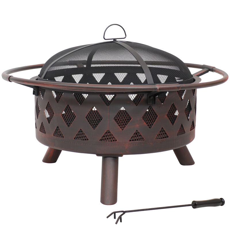 Sunnydaze 30 in Crossweave Steel Fire Pit with Screen, Poker, and Grate