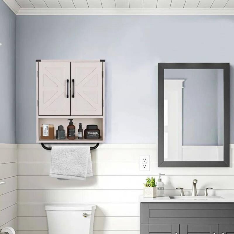 Hivvago White Farmhouse Bathroom Wall Cabinet with Storage Shelf and Towel Bar