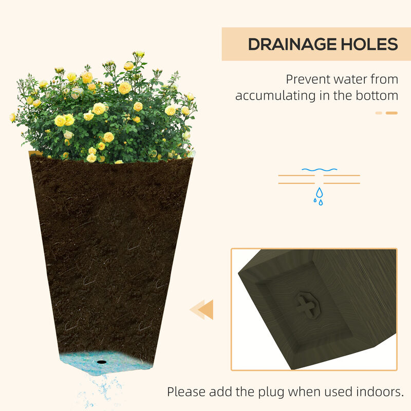 Outsunny 28" Tall Outdoor Planters, Set of 3 Large Taper Planters with Drainage Holes and Plug, Faux Wood Plastic Flower Pots for Outdoor, Indoor, Garden, Patio, Dark Brown