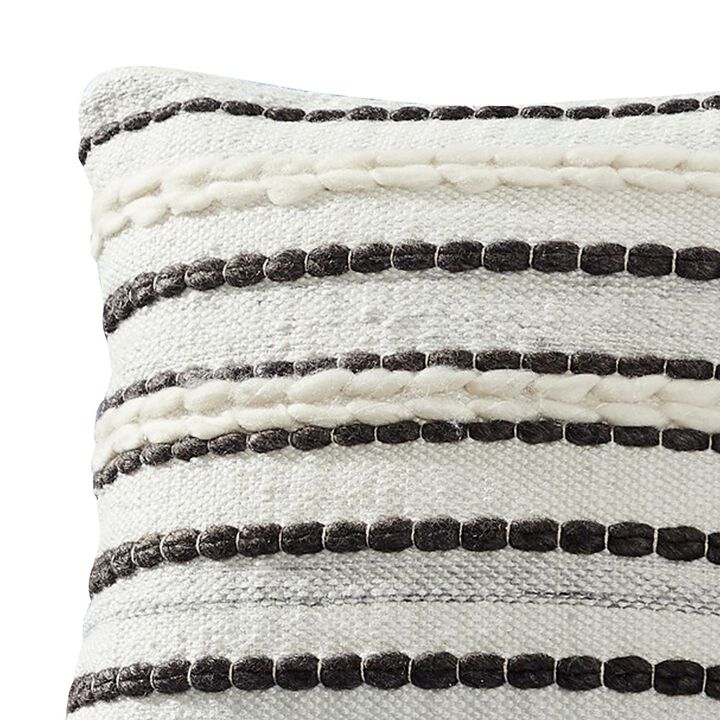 18 Inch Decorative Throw Pillow Cover, Black Lined Beading, Gray Fabric-Benzara