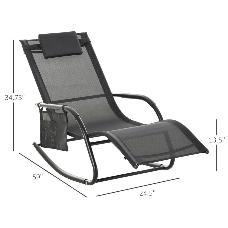 Outsunny Outdoor Rocking Chair, Chaise Lounge Pool Chair for Sun Tanning, Sunbathing, a Rocker with Side Pocket, Armrests & Pillow for Patio, Lawn, Beach, Black