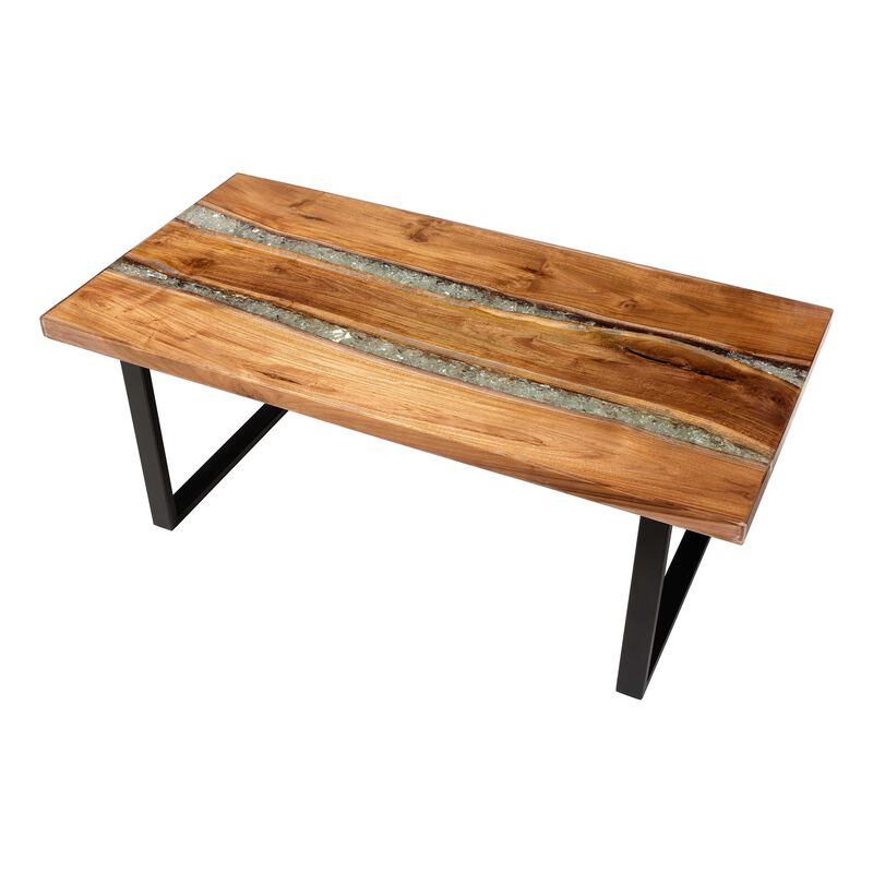 bali & pari Apio Wood Epoxy Resin Coffee Table with Glass Inlay - Rectangular Live Edge Teak wood Accent Table with Black Metal Base, Modern Rustic Centerpiece image number 4