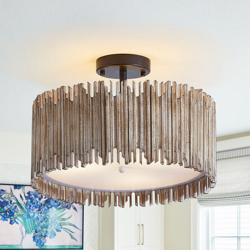 15.5" 3-Light Distressed White Wood Drum Semi Flush Mount Ceiling Light