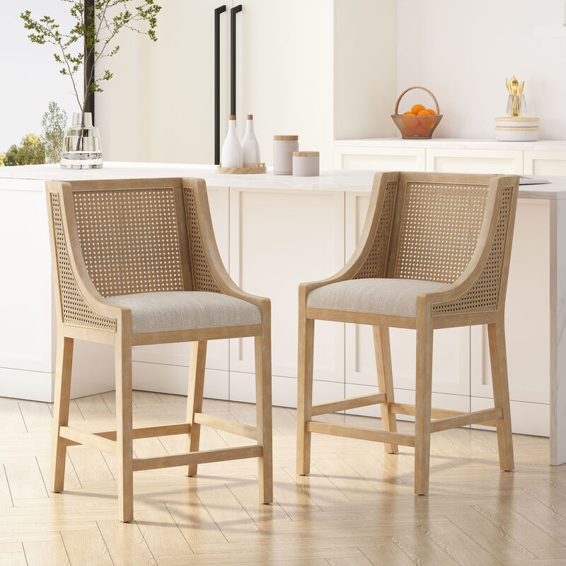 Merax  French Country Fabric Upholstered Wood and Cane 25.5 inch Counter Stools (Set of 2) image number 2