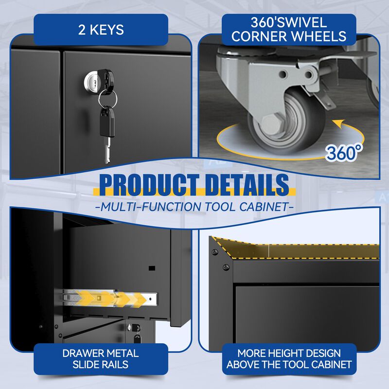 Clihome 2-Door and 1-Drawer Tool Cabinet with Lock, Rolling Storage Cabinet with Locking Casters, Adjustable Shelf Metal Organizer image number 3