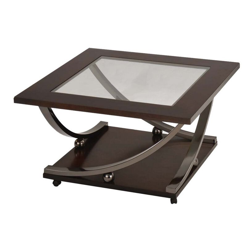 Glass Inserted Wooden Coffee Table with Open Shelve and Castors, Brown and Black-Benzara