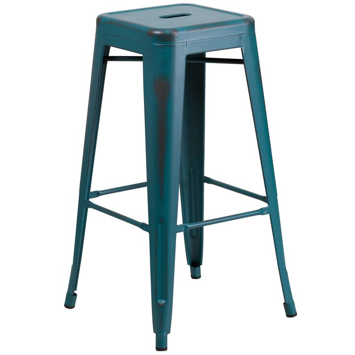 Flash Furniture Kai Commercial Grade 30" High Backless Distressed Kelly Blue-Teal Metal Indoor-Outdoor Barstool