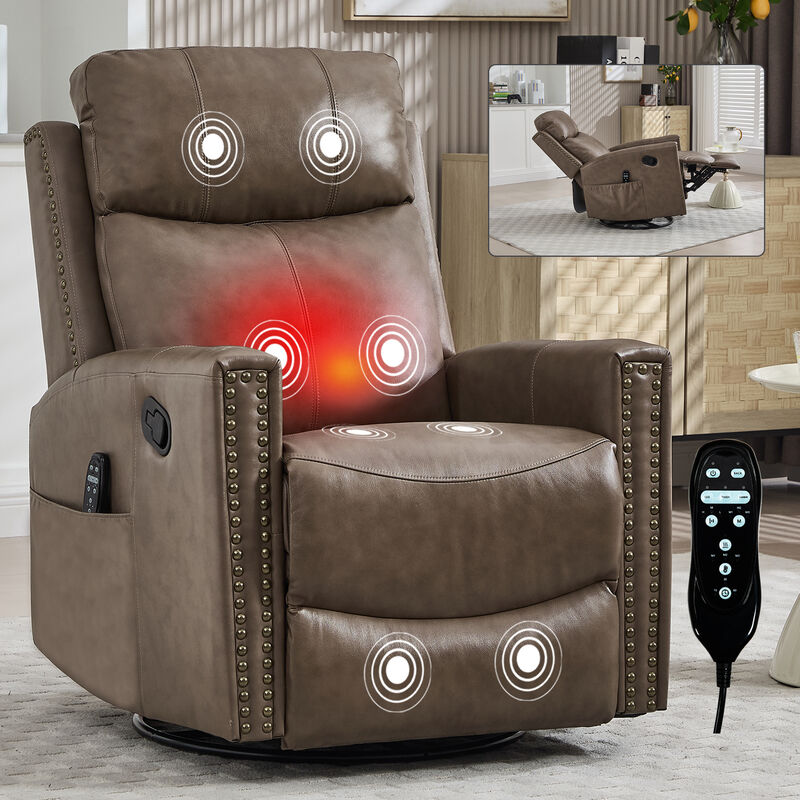 Genuine Leather Heat Massage Manual Recliner Chair with Rocker and Swivel for Living Room image number 1