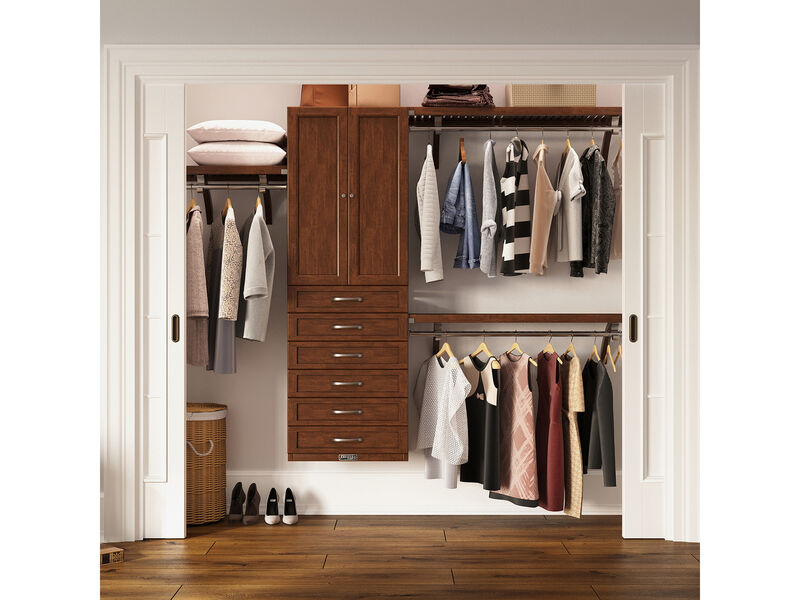 Solid Wood Walk-In Closet Organizer with 6 Shaker Style Drawers and Solid Wood Doors