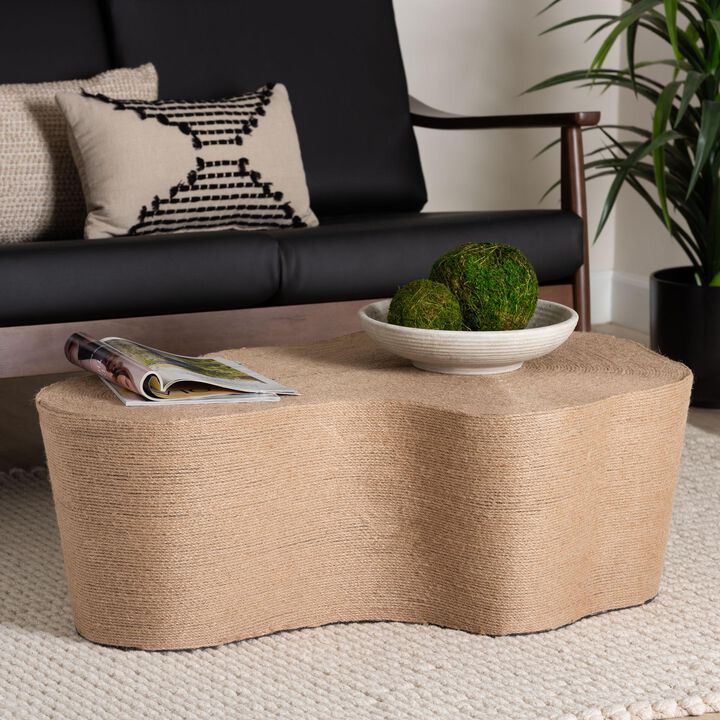 bali & pari Edna Natural Jute Coffee Table - Textured Handwoven Irregular Shape Cocktail Table for Living Room or Lounge