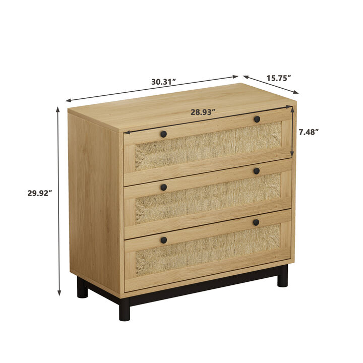 30.31"3-Drawers Storage Cabinet Rope Woven Drawer, for Bedroom, Living Room, Dining Room, Hallways, Oak