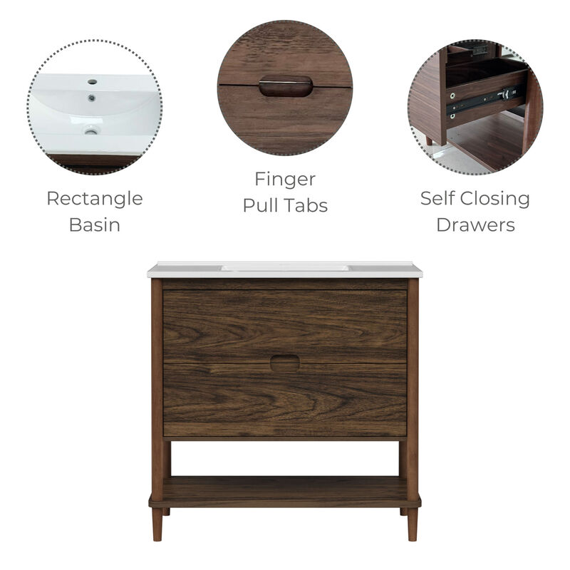 Ellery 36" Single Bathroom Vanity with Two Drawers, Walnut image number 2