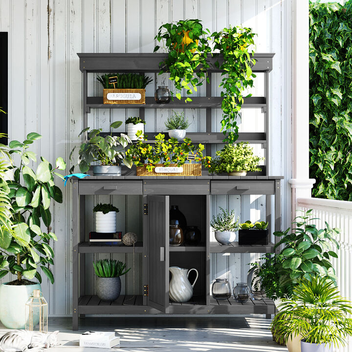 Whisen 66" Solid Fir Wood Potting Table, Farmhouse Garden Workstation with 2 Drawers, Cabinet & Open Shelves