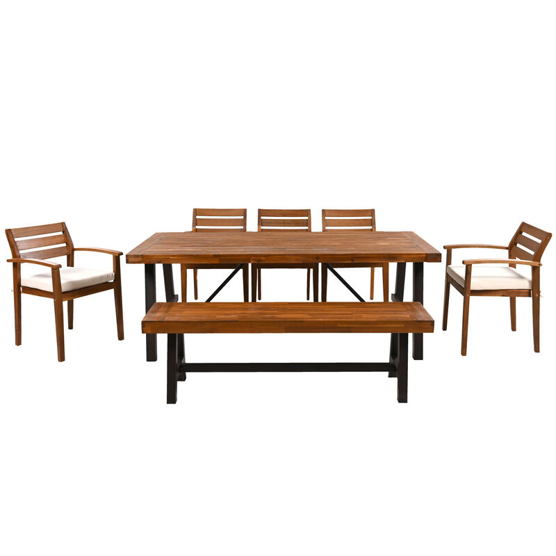 Whisen 7 Pieces Outdoor Dining Set, Ergonomic Chairs & Bench, Thicker Table with Removable Cushions image number 3