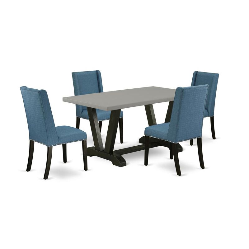 East West Furniture 5-Piece Modern Dinette Set an Excellent Cement Color Dining Room Table Top and 4 Stunning Linen Fabric Kitchen Chairs with Nail Heads and Stylish Chair Back, Wire Brushed Black Fin