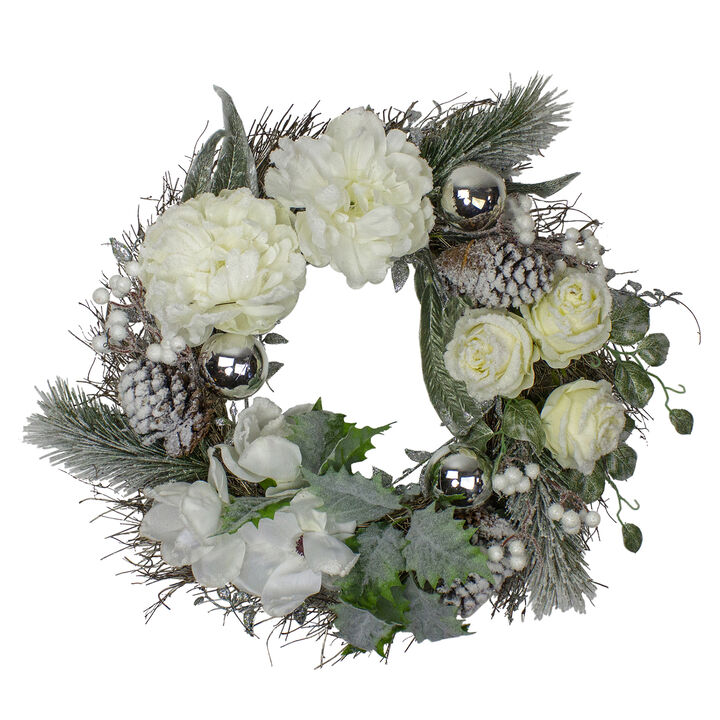 White and Silver Floral Flocked Pine Artificial Grapevine Christmas Wreath - 24-Inch  Unlit