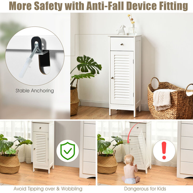 Costway Bathroom Floor Storage Cabinet Side Wooden Organizer w/ Drawer & Shutter Door