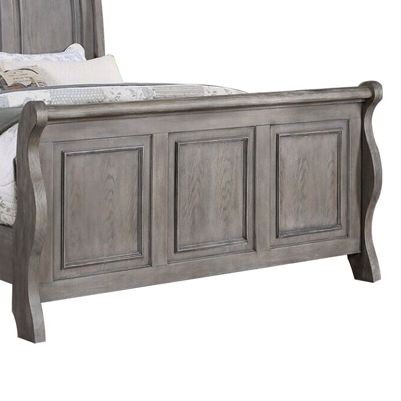 Demi King Size Bed, Sleigh Headboard, Tri Panel Molding, Oak Gray Wood - Benzara
