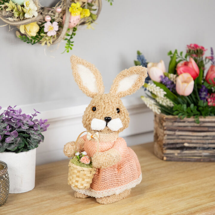 Plush Girl Easter Rabbit Figurine with Basket - 10"