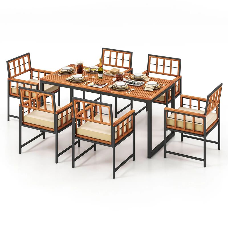 Mondawe 7-Piece Outdoor Dining Set,6 Armchairs With Removable Cushions & A Table With Umbrella Hole