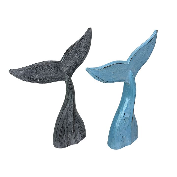 Wood Whale Tail Statues Set Of 2 Coastal Blue Gray 1575 In Decor