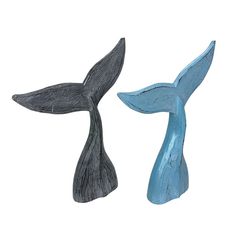 Wood Whale Tail Statues Set Of 2 Coastal Blue Gray 1575 In Decor image number 0