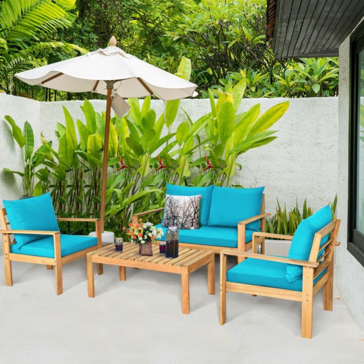 Outdoor 4 Pieces Acacia Wood Chat Set with Water Resistant Cushions