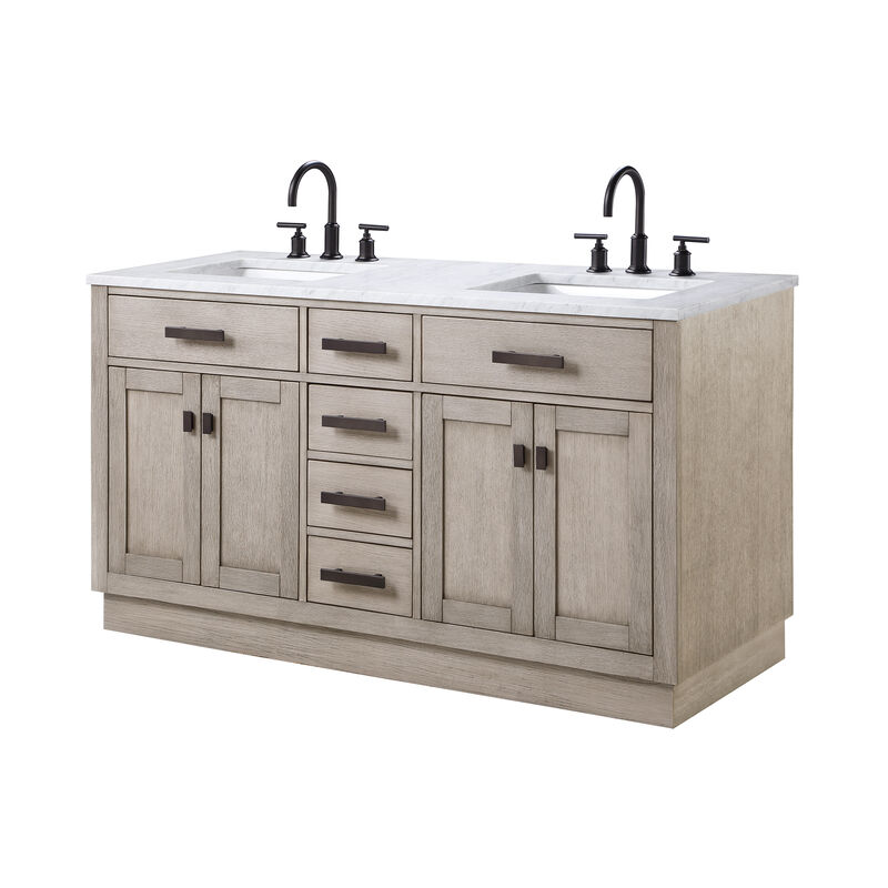 Chestnut 60 In. Double Sink Carrara White Marble Countertop Bath Vanity In Grey Oak with Oil Rubbed Bronze Hardware