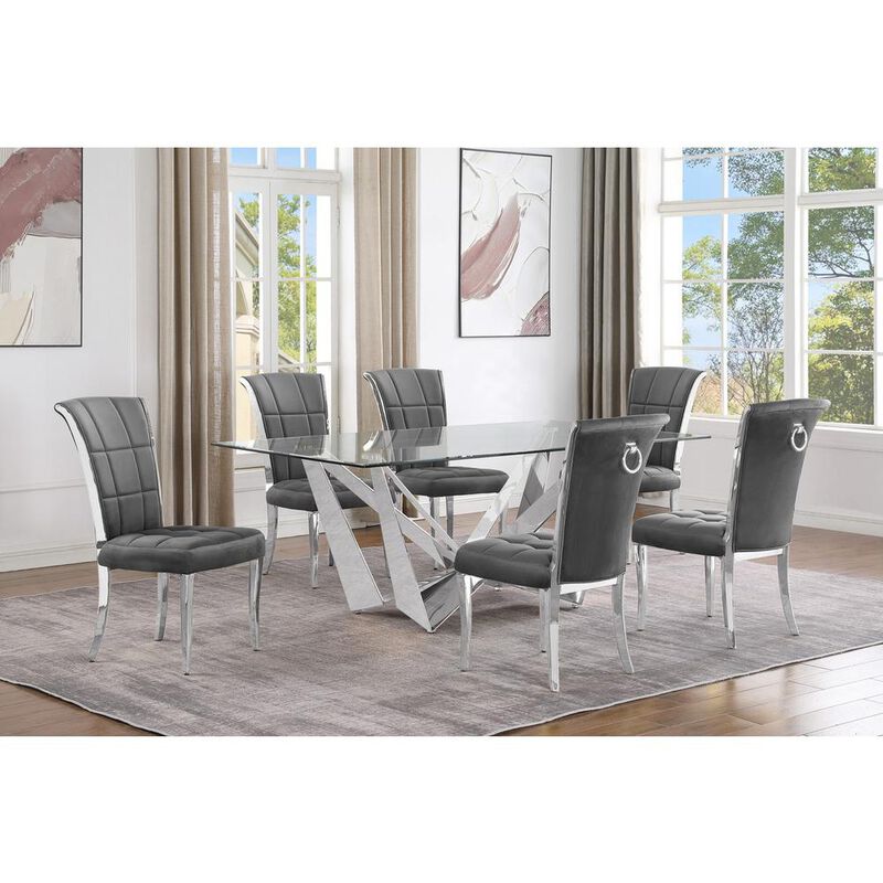 7pc Small(78") glass dining set with silver base and 6 Dark grey side chairs