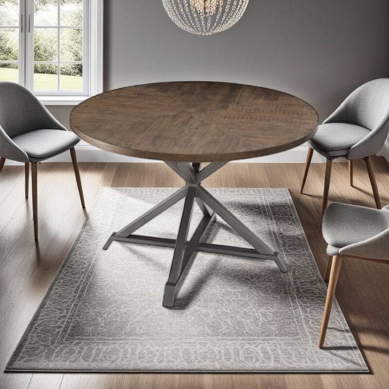 Fena Dining Table, Round 45 Inch Brown Wood Top, Gray Metal Star Base