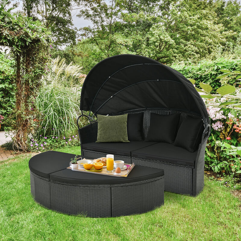 Clamshell Patio Round Daybed Wicker with Retractable Canopy and Pillows