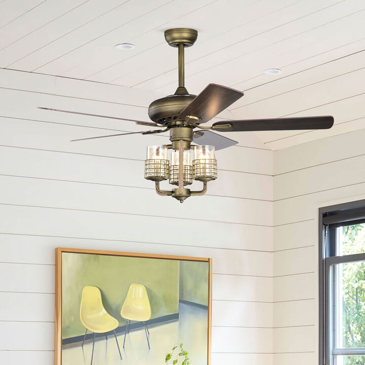 52 inch Bronze Metal 3 Lights Ceiling Fan with 5 Wood Blades, Two-color fan blade, AC Motor, Remote Control, Reversible Airflow, Multi-Speed, Adjustable Height, Traditional Ceiling Fan