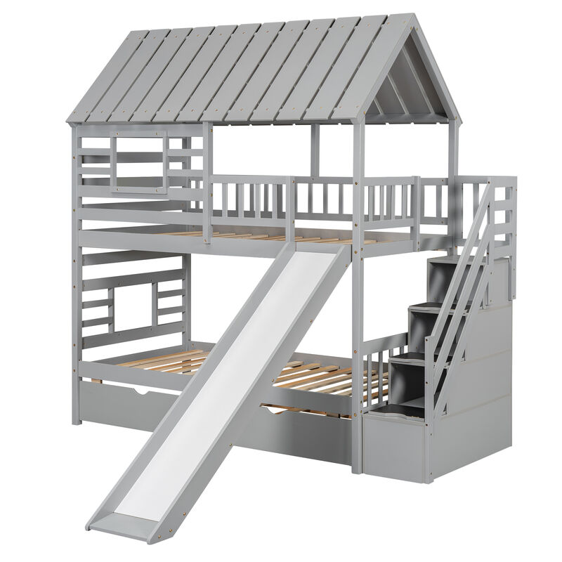 Merax House Bunk Bed with Trundle and Slide