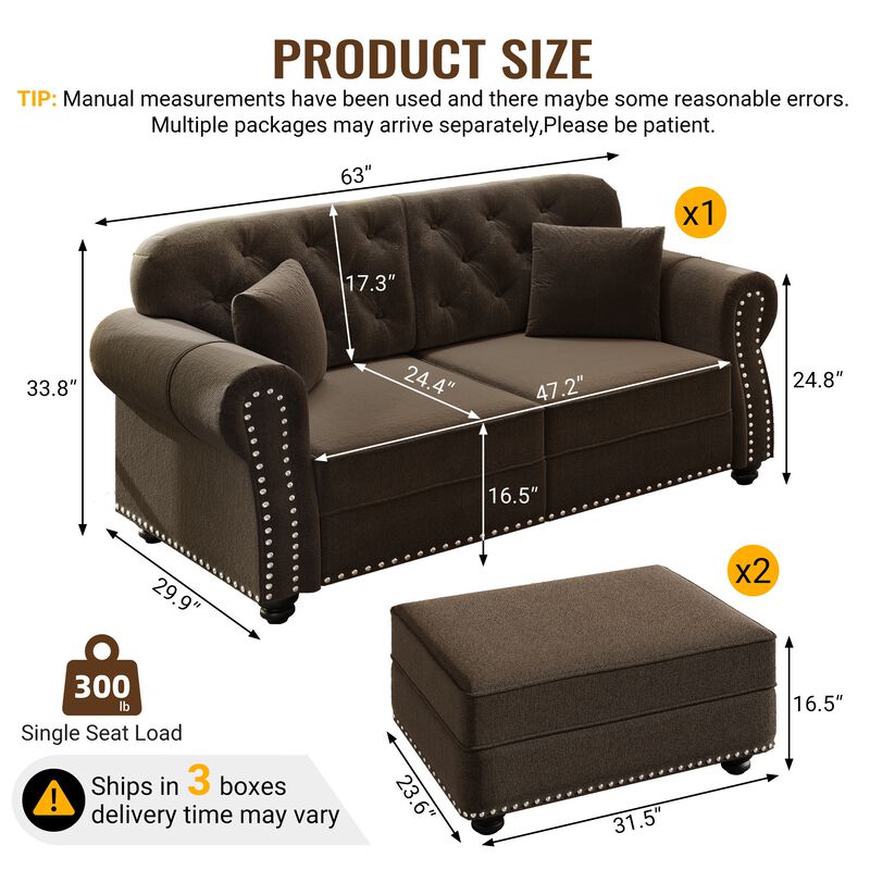 Whisen 2 Seat Velvet Upholstered Sofa with 2 Ottomans, Nailhead Trim, Mid-Century Modern, for Living Room image number 9