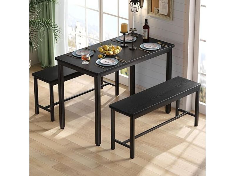 Dining Set &ndash; 3‑Piece Black Kitchen Table with 2 Benches, Space‑Saving Design for 4‑6 image number 1