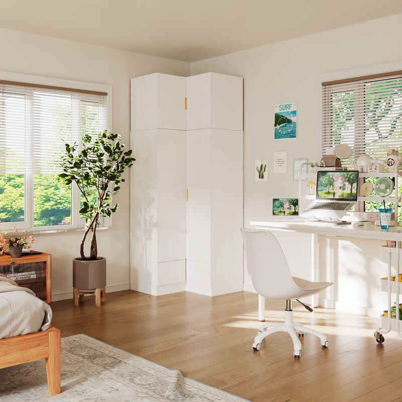 FUFU&GAGA Modern White L-Shaped Wardrobe with Large Storage, Doors & Top Cabinets with Golden Handles, Drawers, PB with Laminate Finish (35.4 in. W x 35.4 in. D x 94.5 in. H)