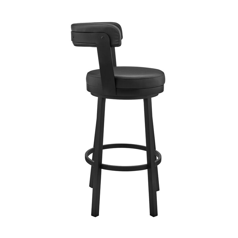Emma 26 Inch Modern Counter Stool Chair, Vegan Faux Leather, Swivel, Black - Benzara